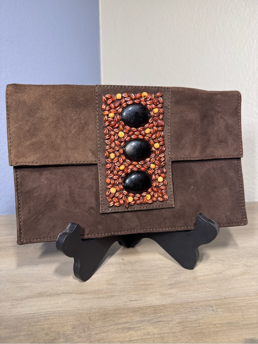 Vintage Persephone Collection Suede Beaded Boho Clutch Purse